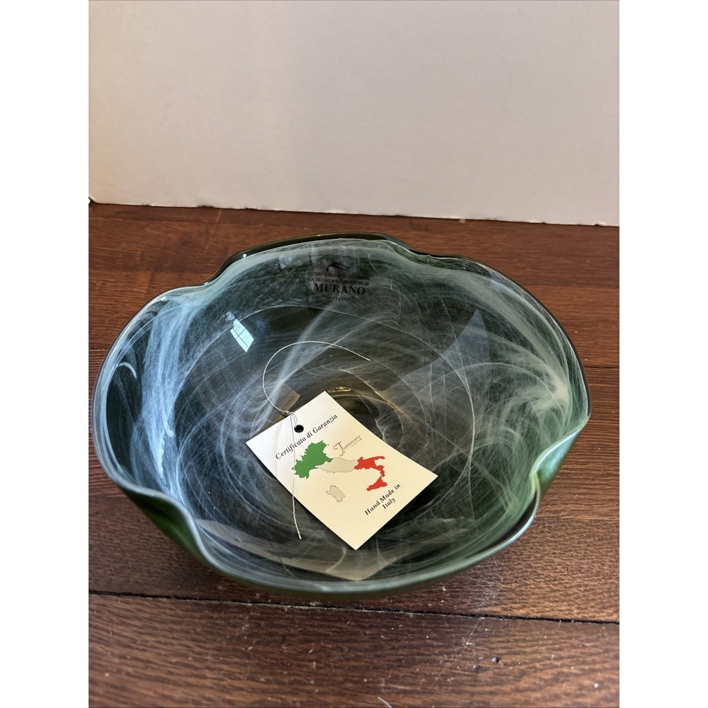 Murano Glass Decorative Pinched Bowl NEW w Tags 8"x3" Green‎ With White
